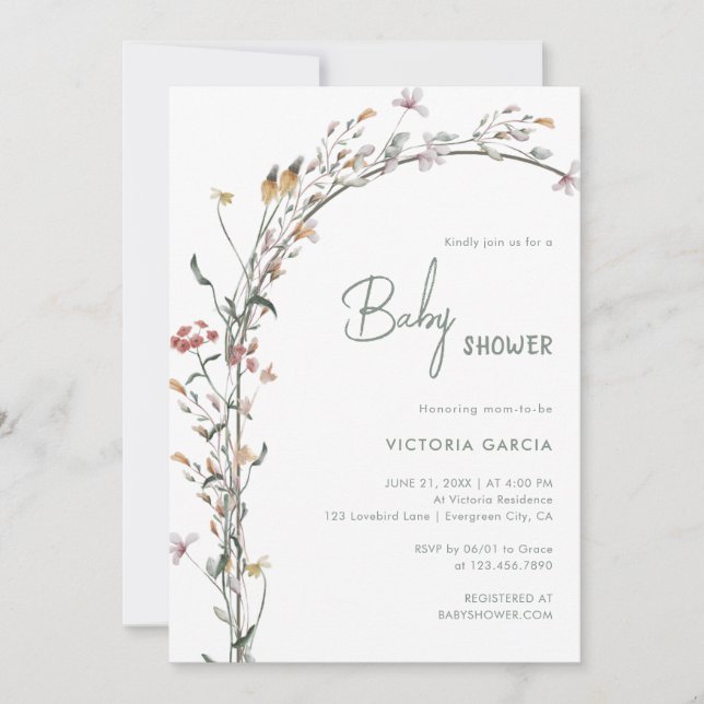Chic Minimalist Wildflowers Arch Baby Shower Invitation (Front)