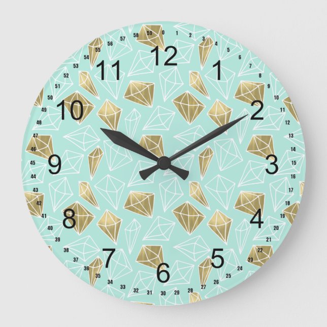 Chic Mint and Gold Diamonds Large Clock (Front)