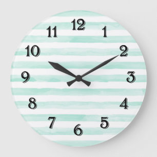 Chic Mint and White Stripes Large Clock