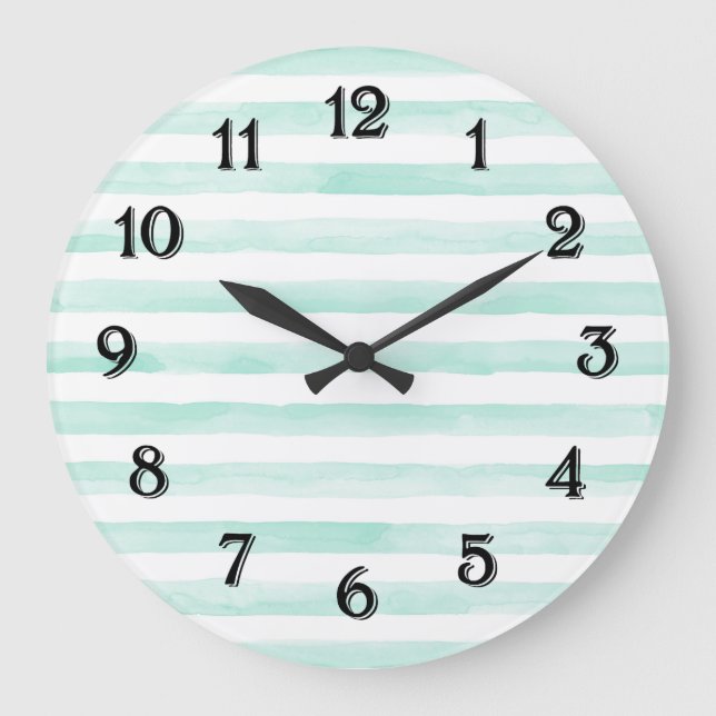 Chic Mint and White Stripes Large Clock (Front)