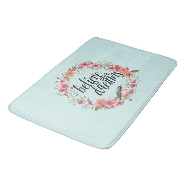 Chic Mint Believe in Your Dreams Bird Pink Floral  Bath Mat (Angled)