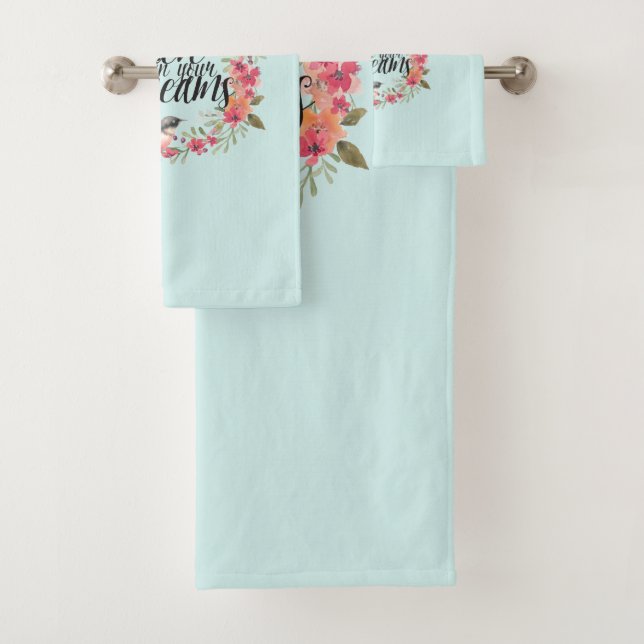 Chic Mint Believe in Your Dreams Bird Pink Floral  Bath Towel Set (Insitu)