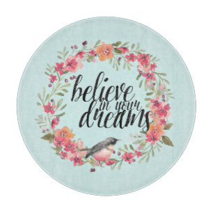 Chic Mint Believe in Your Dreams Bird Pink Floral Cutting Board
