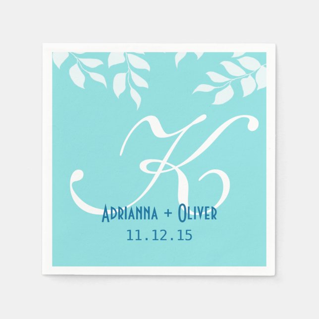 Chic Mint Blue White Leaves Wedding Monogram Napkin (Front)