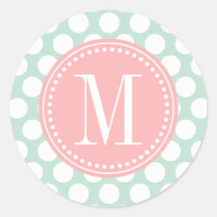 Chic Mint & Blush Pink Big Dots Monogrammed Classic Round Sticker