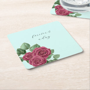Chic Mint Burgundy Gold Roses Wedding Leaves Square Paper Coaster