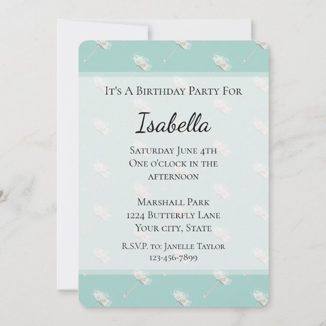Chic Mint Dandelion Flowers Birthday Invitation (Back)