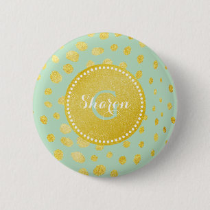 Chic mint faux gold glitter cheetah print monogram 6 cm round badge