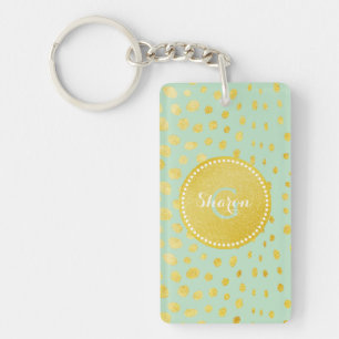 Chic mint faux gold glitter cheetah print monogram key ring