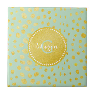 Chic mint faux gold glitter cheetah print monogram tile