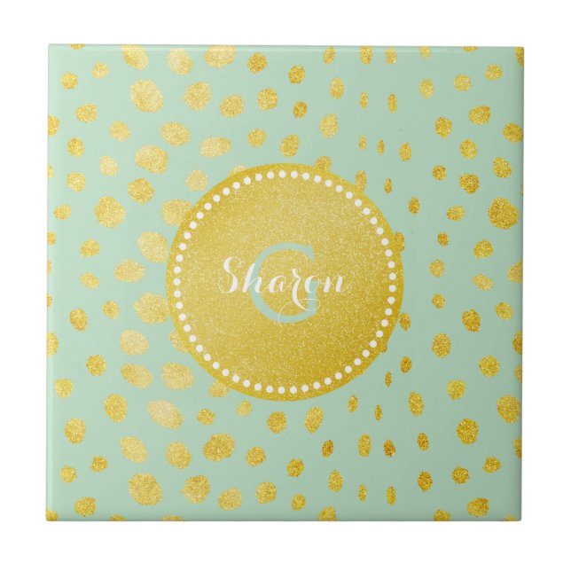 Chic mint faux gold glitter cheetah print monogram tile (Front)