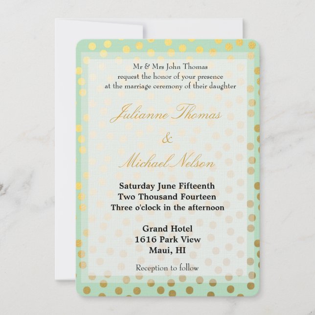 Chic Mint Gold Dots Wedding Invitation (Front)