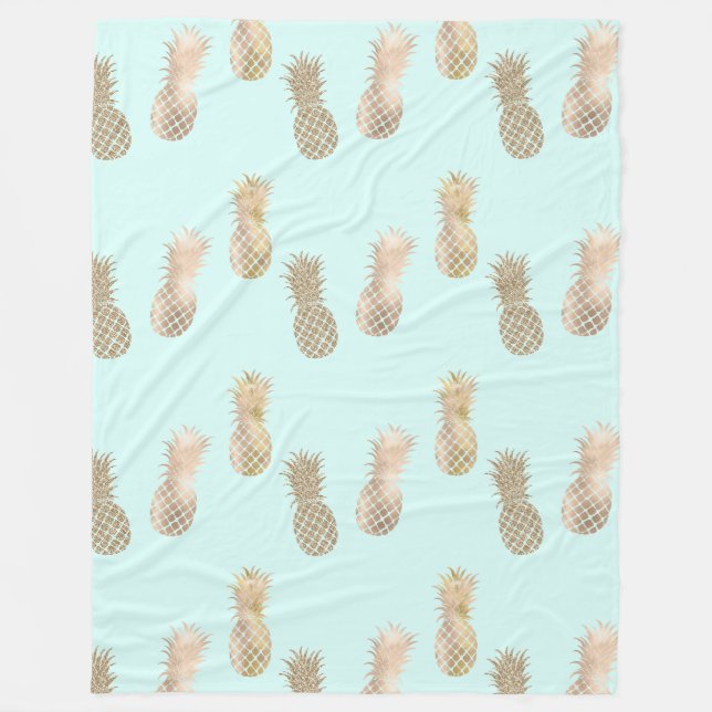 Chic Mint Gold Glam Pineapples Fleece Blanket (Front)