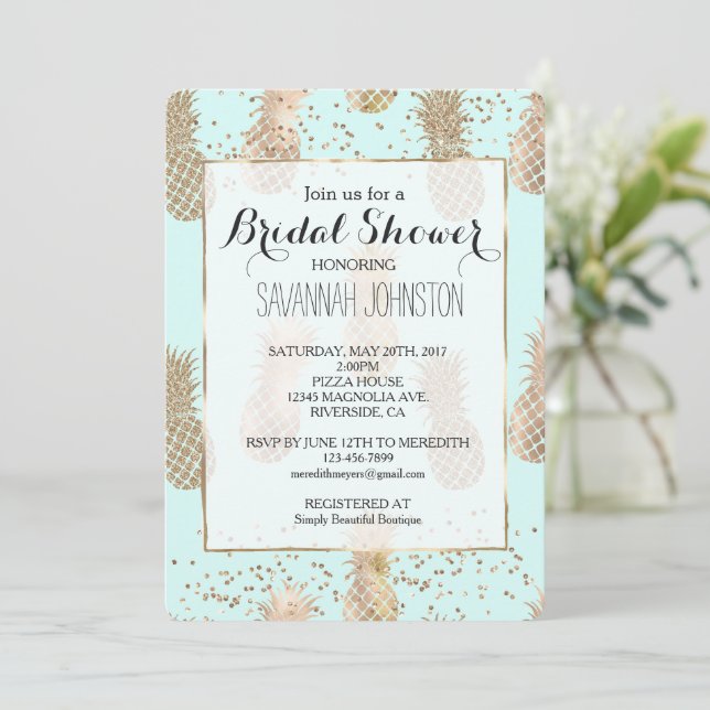 Chic Mint Gold  Tropical Pineapples Bridal shower Invitation (Standing Front)