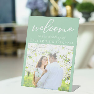 Chic Mint Green Couple Photo Wedding Welcome Pedestal Sign