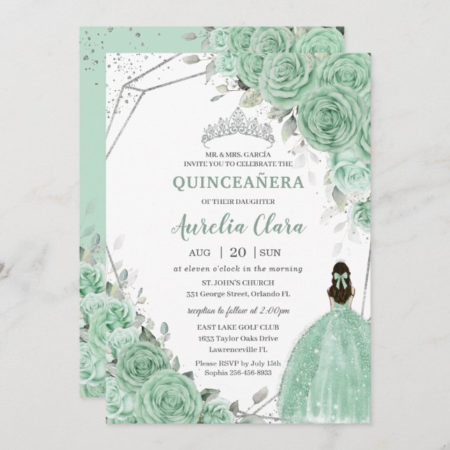 Chic Mint Green Floral Princess Silver Quinceañera Invitation (Front/Back)