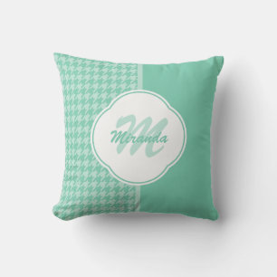 Chic Mint Green Houndstooth With Monogram and Name Cushion
