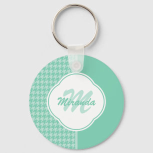 Chic Mint Green Houndstooth With Monogram and Name Key Ring