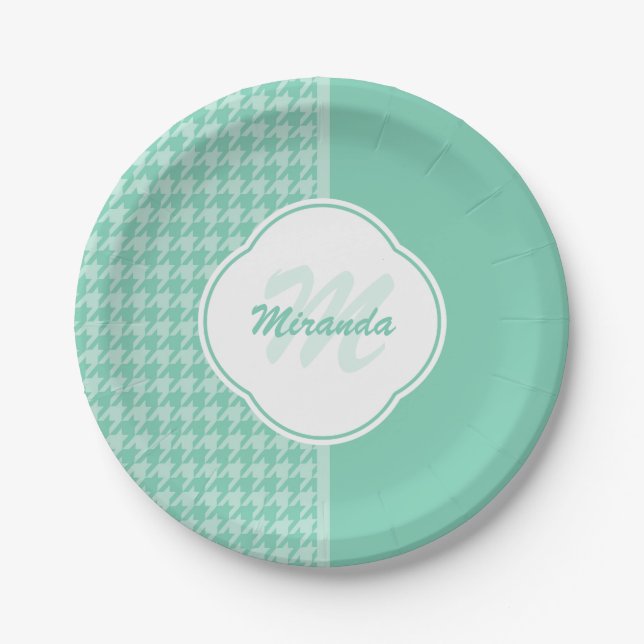 Chic Mint Green Houndstooth With Monogram and Name Paper Plate (Front)