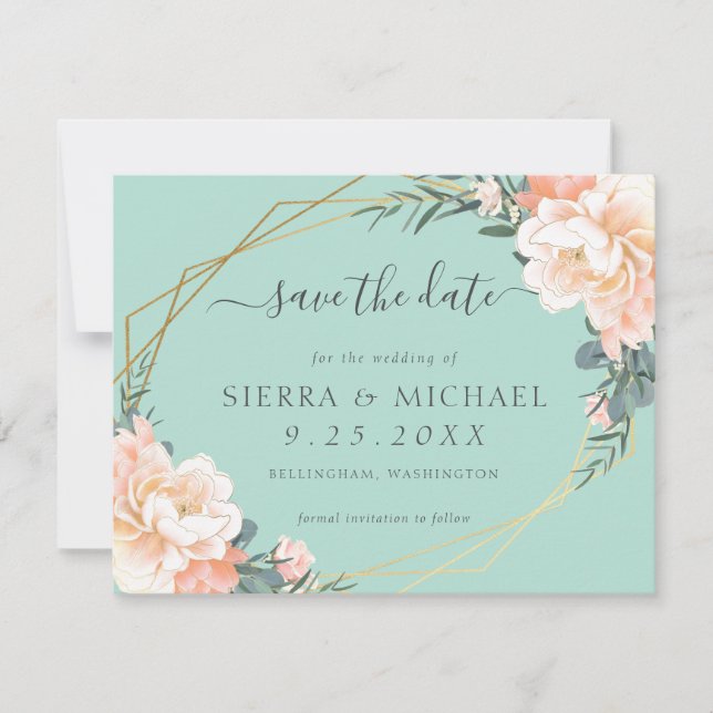 Chic Mint Green Peach Gold Floral Save the Date Announcement (Front)