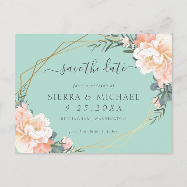 Chic Mint Green Peach Gold Floral Save the Date Announcement Postcard (Front)
