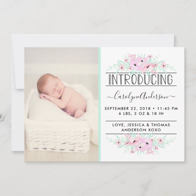Chic Mint Green & Pink Flowers Birth Announcement (Front)