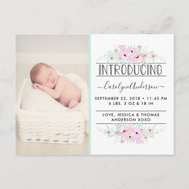 Chic Mint Green & Pink Flowers Birth Announcement (Front)