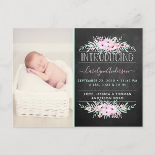 Chic Mint Green & Pink Flowers Birth Announcement Postcard