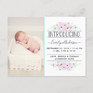 Chic Mint Green & Pink Flowers Birth Announcement Postcard