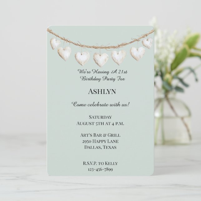 Chic Mint Green White Hearts Birthday Invitation (Standing Front)