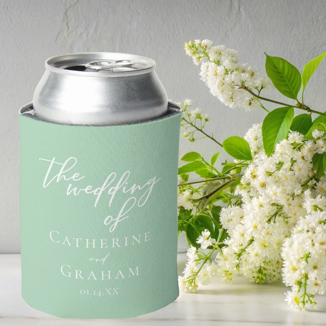 Chic Mint Green White Personalised Wedding Can Cooler (Creator Uploaded)