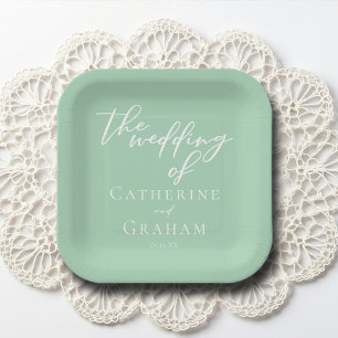 Chic Mint Green White Personalised Wedding Paper Plate