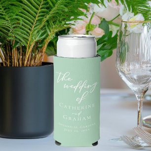 Chic Mint Green White Personalised Wedding Seltzer Can Cooler