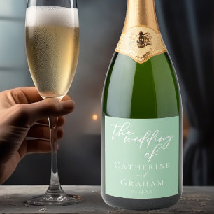 Chic Mint Green White Personalised Wedding Sparkling Wine Label
