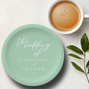 Chic Mint Green White Script Personalised Wedding Paper Plate