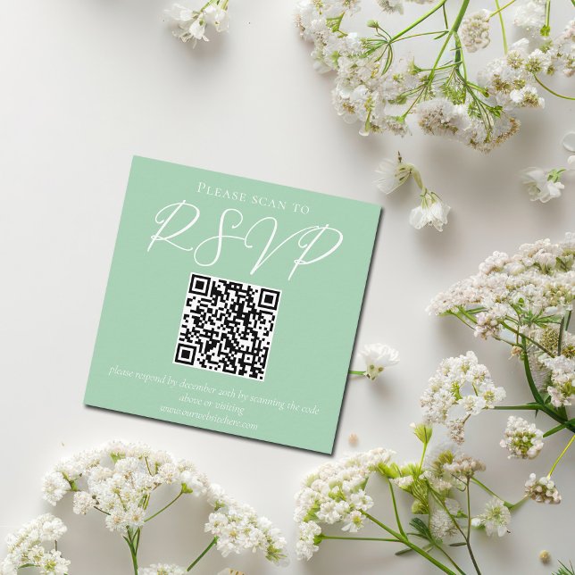 Chic Mint Green White Script Wedding QR Code RSVP Enclosure Card (Creator Uploaded)