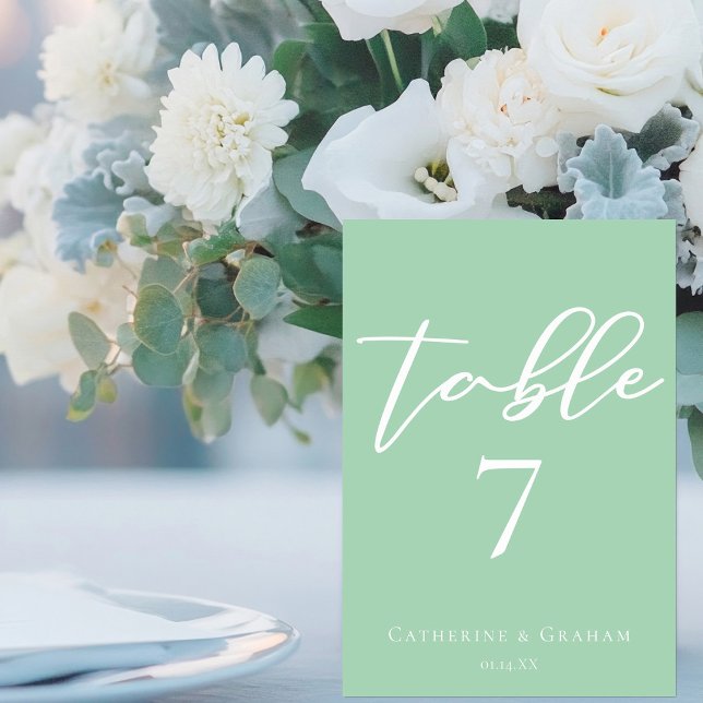 Chic Mint Green White Typography Spring Wedding Table Number (Creator Uploaded)