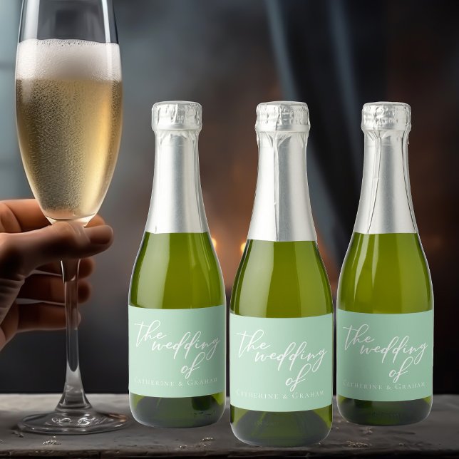 Chic Mint Green White Wedding Personalised Mini Sparkling Wine Label (Creator Uploaded)