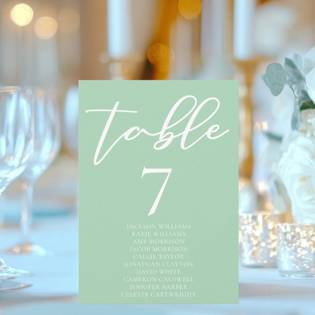 Chic Mint Green White Wedding Table Card w Names (Creator Uploaded)