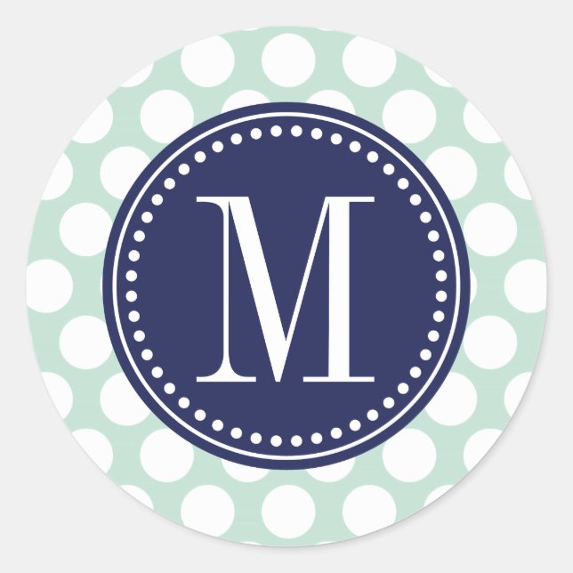 Chic Mint & Navy Big Dots Monogrammed Classic Round Sticker (Front)