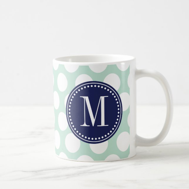 Chic Mint & Navy Big Dots Monogrammed Coffee Mug (Right)