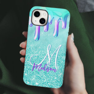 Chic mint ombre glitter unicorn drips monogram Case-Mate iPhone 14 case