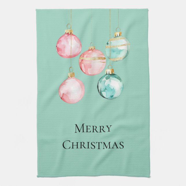 Chic Mint Pink Gold Christmas Ornaments Tea Towel (Vertical)