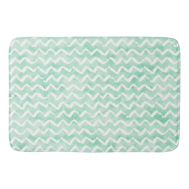 Chic Mint Watercolor Chevron Stripes Bath Mat (Front)