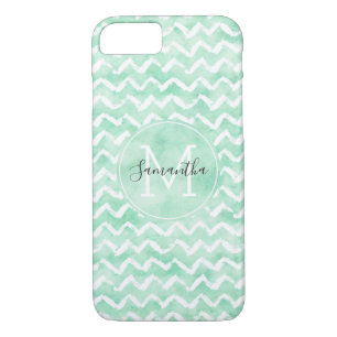 Chic Mint Watercolor Chevron Stripes Monogram Case-Mate iPhone Case