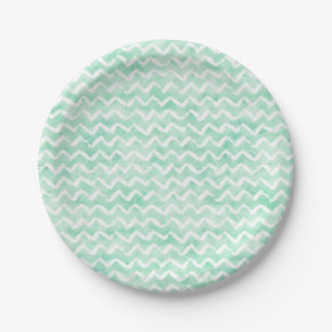 Chic Mint Watercolor Chevron Stripes Paper Plate