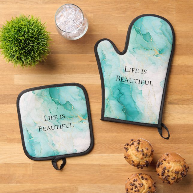 Chic Mint White Gold Bridal Shower Oven Mitt & Pot Holder Set (Top Down)