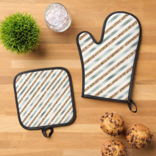 Chic Mint White Gold Glitter Stripes Oven Mitt & Pot Holder Set