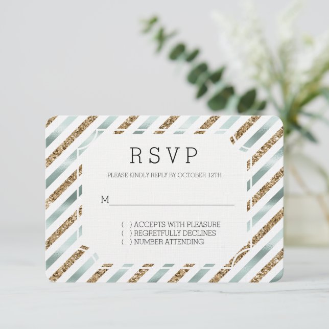 Chic Mint White Gold Glitter Wedding RSVP Card (Standing Front)