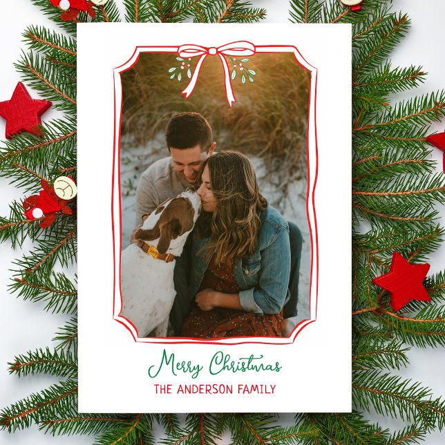 Chic Mistletoe & Bow Custom Family Photo Christmas Holiday Postcard (Creator Uploaded)